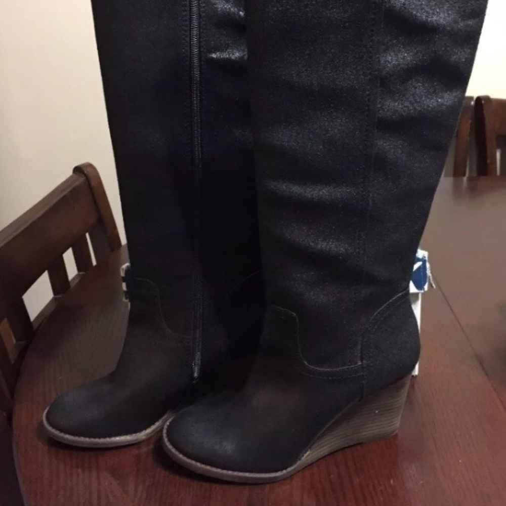 New - Lucky Brand Black Leather Wedge Boots 7.5